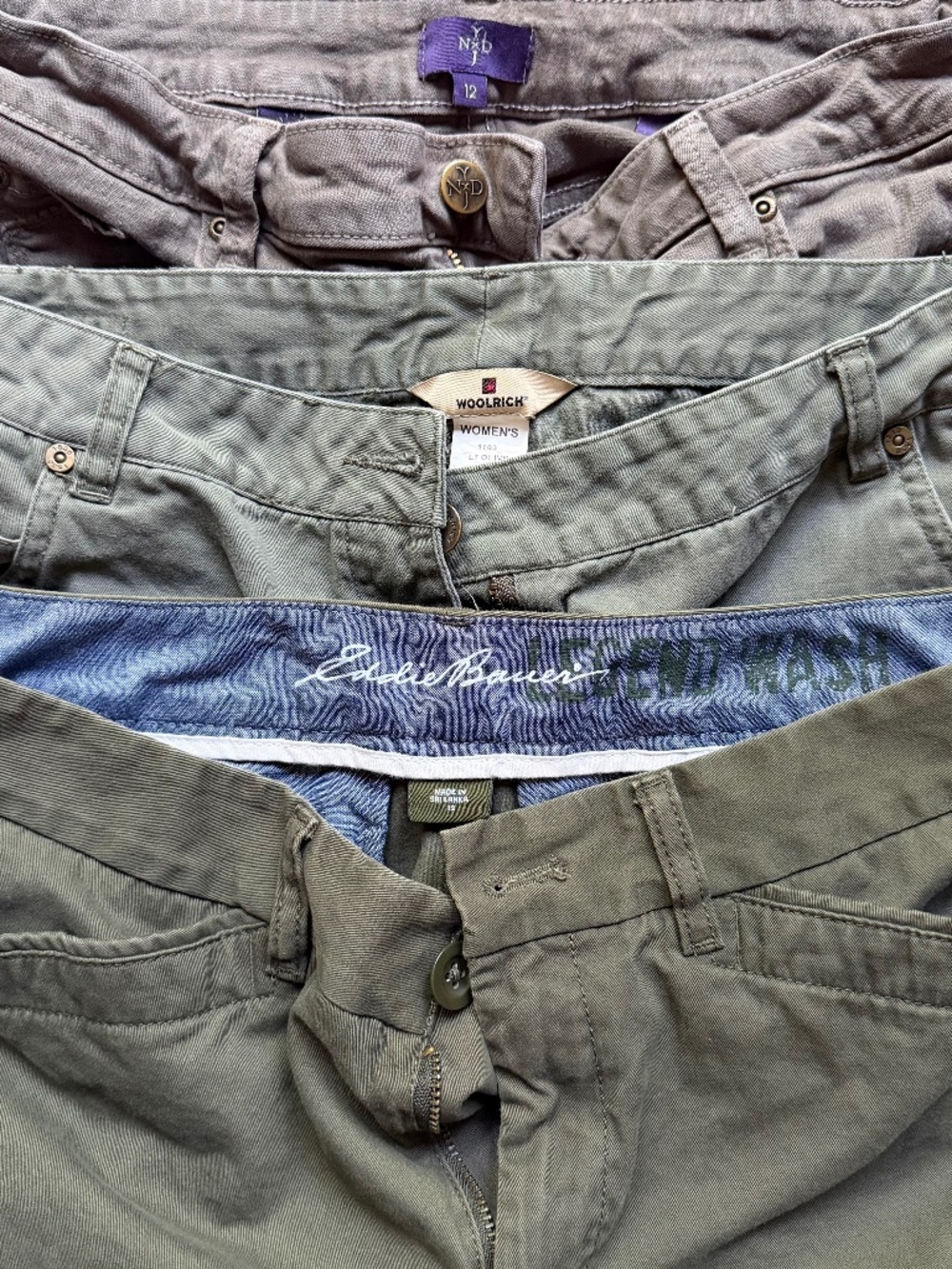 Women’s NYDJ, Woolrich, and Eddie Bauer Khaki Sz 12 Bundle